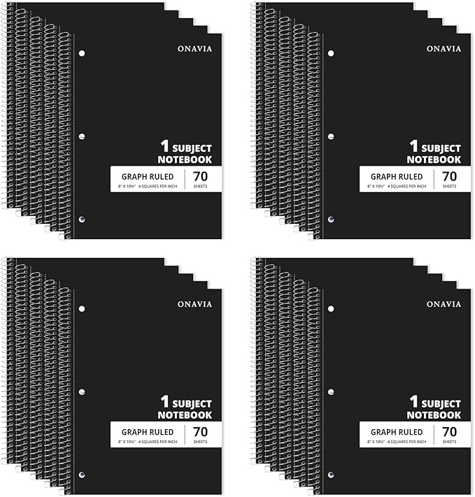 ONAVIA Graph Ruled Single Subject Spiral Notebook, 20 Pack, 4x4 Grid Paper, 8 x 10.5, 70 Sheets Each, Bulk Classroom Notebooks, Black