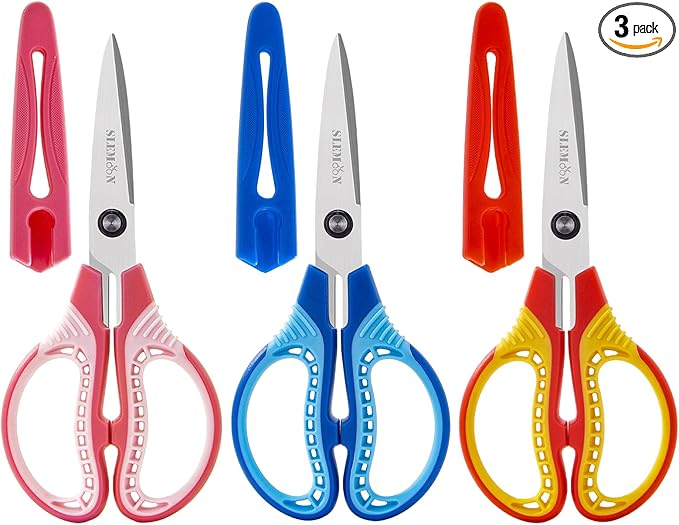7" Kids Scissors - Pointed Tip Right/Left Scissors with Protective Cover, Soft ABS Grips & Stainless Steel Blades, Ultra Durable for Classroom, Homeschool, Daily Use (3-Pack)