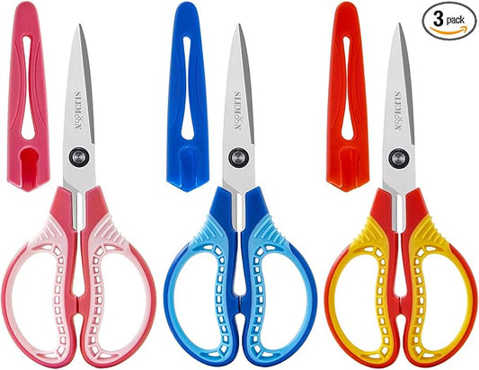 7" Kids Scissors - Pointed Tip Right/Left Scissors with Protective Cover, Soft ABS Grips & Stainless Steel Blades, Ultra Durable for Classroom, Homeschool, Daily Use (3-Pack)
