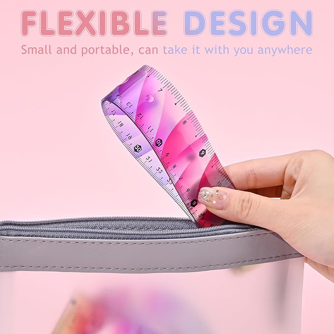 4 Pcs Flexible Rulers Set, Colorful Geometry Kit, Plastic Bendable Shatterproof Soft Rulers, Clear Ruler 30 cm/ 12 Inch, Triangle Rulers and Protractor for Back to School Supplies (12 Inch)
