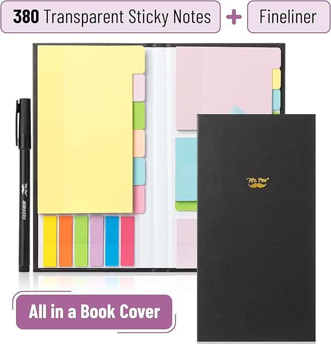 Mr. Pen- Transparent Sticky Notes Set, 380 Pack, Transparent Sticky Notes Tabs with Black Fineliner Pen for Bible Study, Office, School, Planning, Journaling & Organization