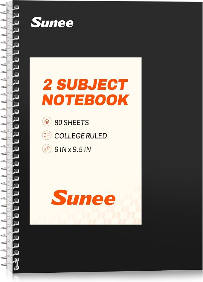 SUNEE Spiral Notebook, 2-Subject, College Ruled Paper, 6" x 9-1/2", 80 Sheets, Spiral Notebooks for School, Black