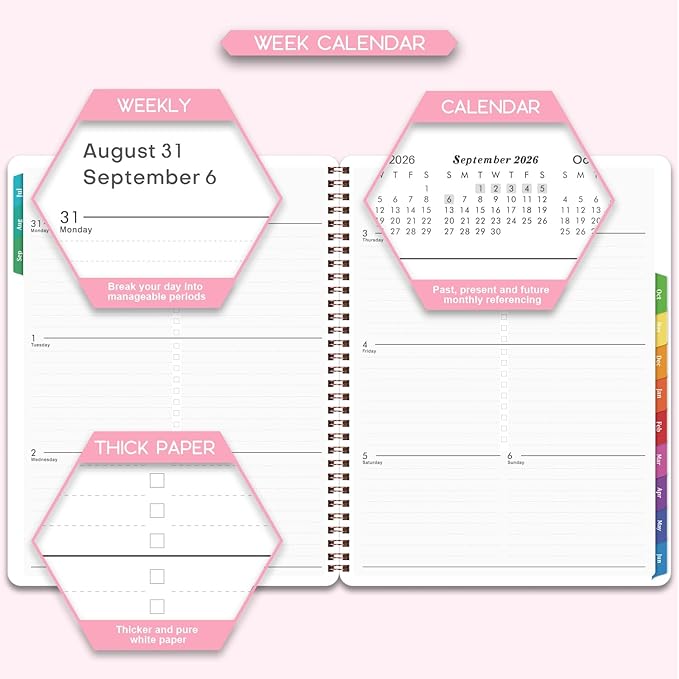 Planner 2026-2027 - Academic Planner 2026-2027, Jul. 2026 - June. 2027, 8" x 10", Planner Weekly and Monthly with Tabs, Planners 2026, 12 Month Calendar with Colourful Tabs, Twin-Wire Binding - Pink Marble
