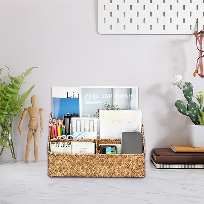 BTSKY Woven Storage Basket Natural Seagrass Vertical Wicker Storage Baskets with 4 Compartments Desk Organizers and Storage Magazine File Holder Home Office Supplies Sorter Rack, Caramel