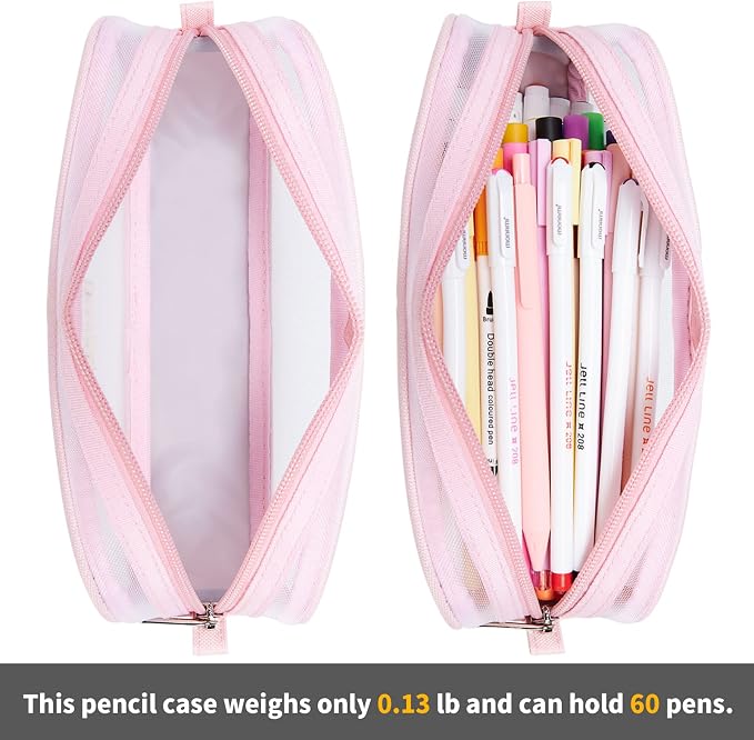 KALIDI Grid Mesh Pencil Case Pouch Large Capacity Pencil Bag with Zipper | Big Pencil Pouch Pink Simple Stationery Bag Aesthetic Pen Bag for School Teen Girl Boy Multi-Purpose Bag for Office Men Women