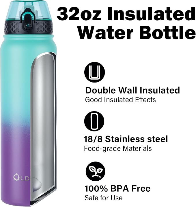 Oldley Insulated 32 oz Stainless Steel Water Bottle with Straw Lid & Chug Lid, Double Wall Vacuum Wide Mouth Sweat/Leak-Proof for Sports, Gym, Travel, Camping (Green-Purple)