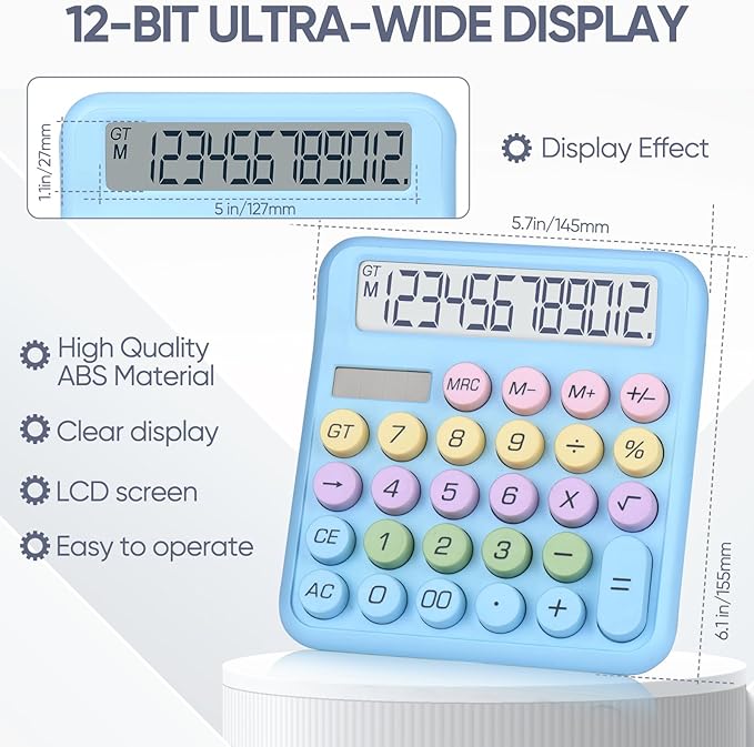 Desktop Calculator 12 Digit,Dual Solar Power and Battery,and LCD Display, Big Buttons, for Home, Office, School, Class and Business, 4 Function Small Basic Calculators for Desk