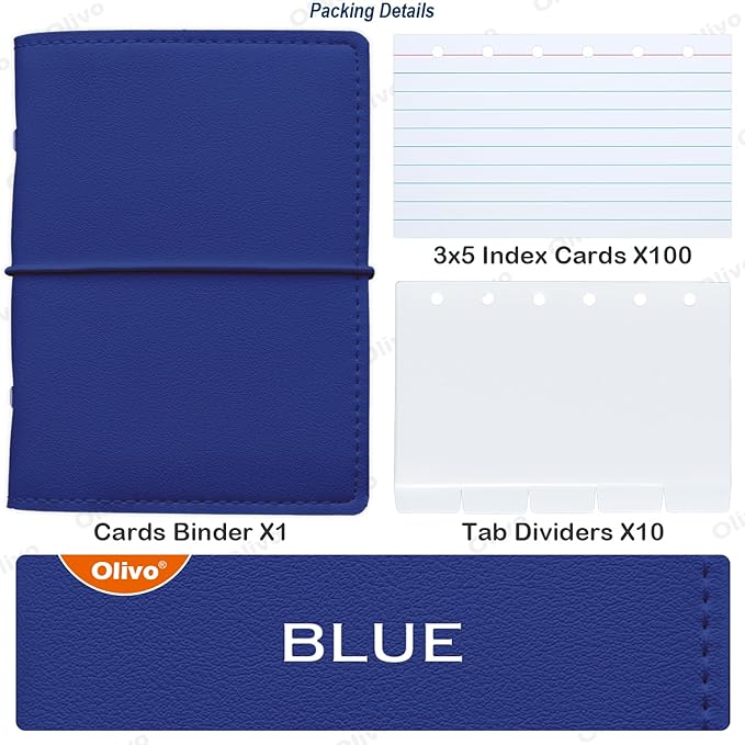 3x5 Lined Index Cards with Ring Binder Holder and Dividers, 100 Note Cards, Blue