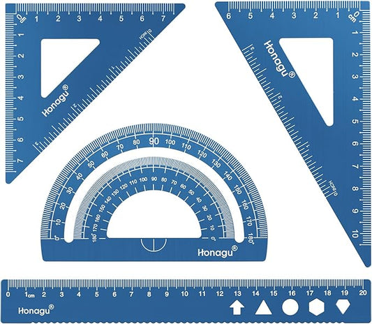 Honagu Triangular Ruler Set, 4 Pieces Aluminum Alloy Ruler, Metal Drafting Ruler, Geometric Protractor for Students, Draftsmen, Engineers, Home School Office Supplies (20cm/7.87inches, Blue)