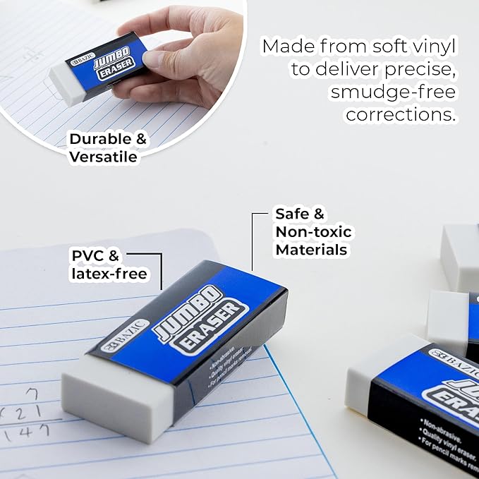 BAZIC Products Erasers, Jumbo Vinyl Pencil Eraser (4/Pack), Latex Free, White Large Size Block Erasers for Art Drawing School Office Teachers, 2-Packs