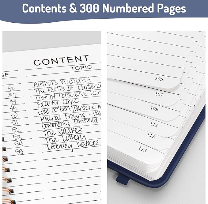 Forvencer Lined Spiral Journal Notebook with 300 Numbered Pages, A5 College Ruled Thick Journals for Writing with 100GSM Paper, Hardcover Notebooks with Contents for Work, School, Women, Men, Navy
