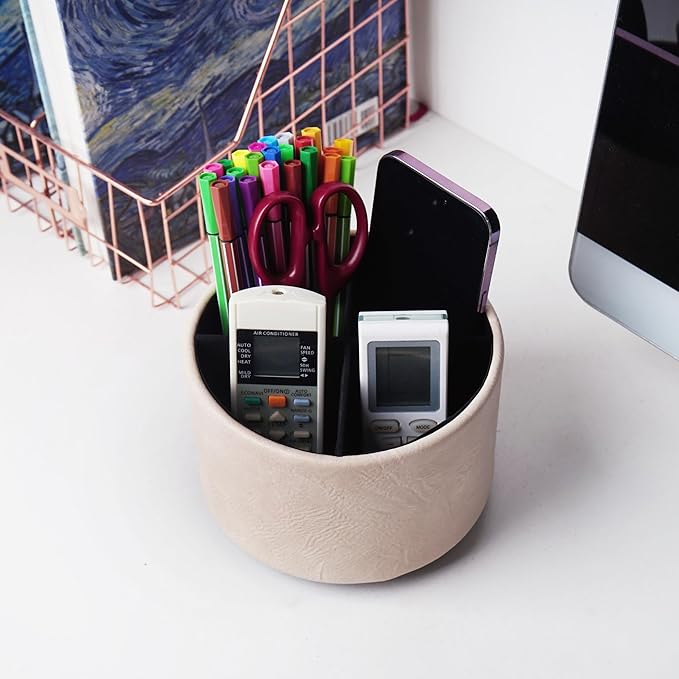 Round Leather Art Supply Organizer,Remote Control Holder,360 Degree Spinning,Multi-Functional Pencil Holder,4 Compartments Desktop Stationary Organizer(1-Crazy White)