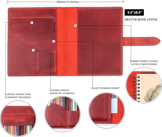 Robrasim Handmade Leather Sketchbook Cover, Leather Artist Sketch Pad Cover for 5.5" x 8.5" Sketchbook, Drawing Book and Pencil Case, Journal Notebook Portfolio, Artis Gifts-Wine