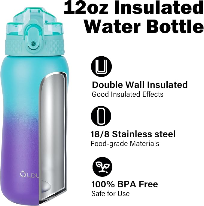 Oldley Insulated Water Bottles 12oz Kids Water Bottle with Straw, Stainless Steel Water Bottle with 2 Lids, Double Wall Vacuum Bottle, Leak-Proof Sports Bottles for School Travel, Green Purple