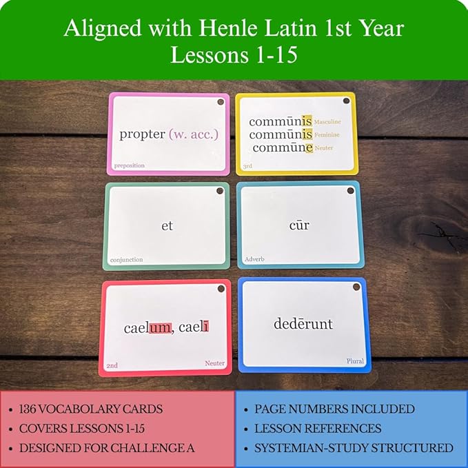 Latin Flashcards for Henle First Year – 240 Vocabulary Cards for Challenge A (Lessons 1–15) – Color-Coded Latin Study Cards for Homeschool & Classical Classroom