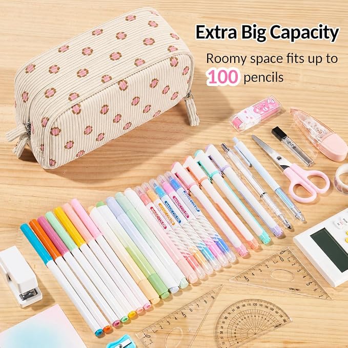 Sooez Big Capacity Pencil Case Pen Pouch, Soft Corduroy Pencil Bag with 3 Compartment, Multiple Pockets, Sturdy Zipper, Cute School Supplies Pen Bag Organizer For Teen Girls-Pink Leopard Print