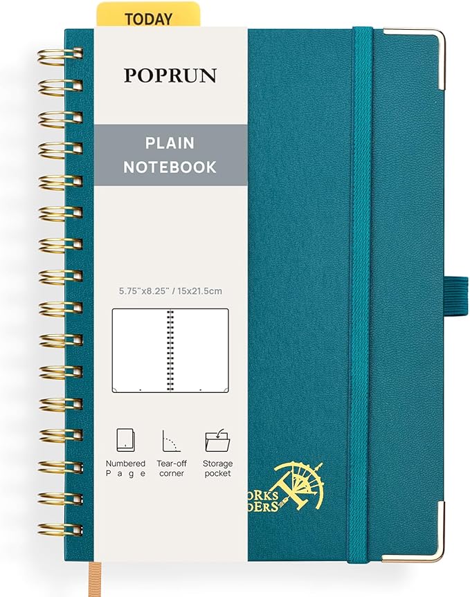 POPRUN Blank Spiral Journal Notebook, A5 Hardcover Sketch Books, 141 Pages Unlined Journals for Women Men, 120 GSM Plain Notebooks for Sketching, Drawing, Painting, 5.75'' x 8.25'', Pacific Green