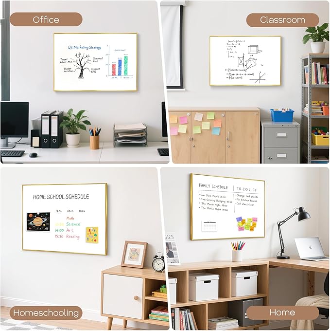 Dry Erase White Board, 30" x 20" Magnetic Whiteboard with Gold Aluminum Frame, Hanging Writing Board for Home, Office, School