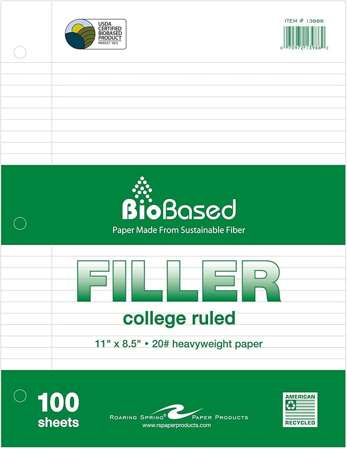 Roaring Spring Biobase Filler Paper, 8.5"x11", 100 Sheets Per Package of 20# White Paper 3-Hole Punched, College Ruled W/Margin (Pack of 24)