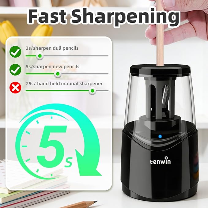 tenwin Rechargeable Pencil Sharpener for No.2 & Colored 6-8mm Pencils, Heavy Duty Electric Pencil Sharpener, Durable Helical Blade for Fast Sharpen, Home/School/Art Studio (Black)