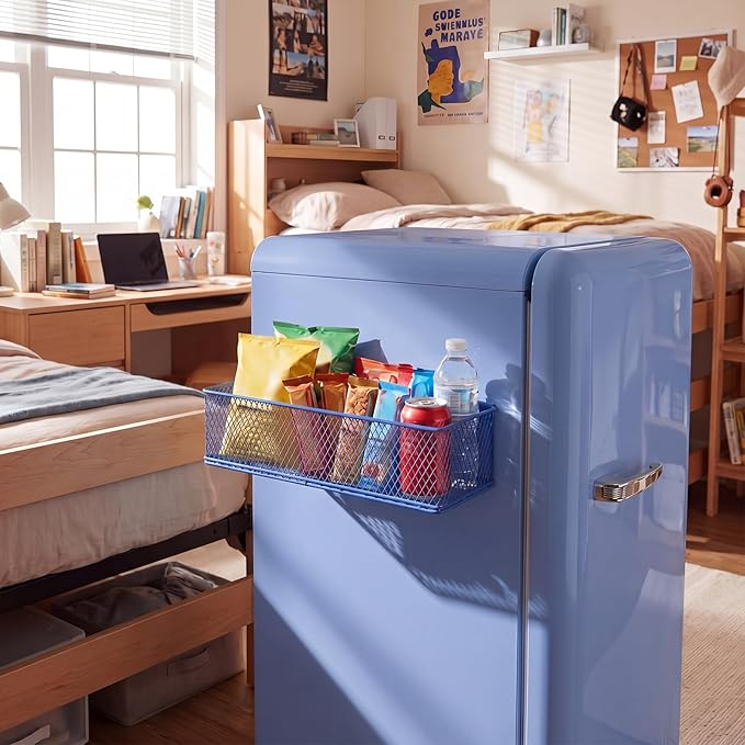 FoldTier 1 Pack Blue Magnetic Basket Fridge Organizer, Magnetic Shelf Containers Storage Bin Holder for Kitchen Dorm Locker Refrigerator Classroom Whiteboard Office Table (13.8 x 3.1 x 4.9 Inch)