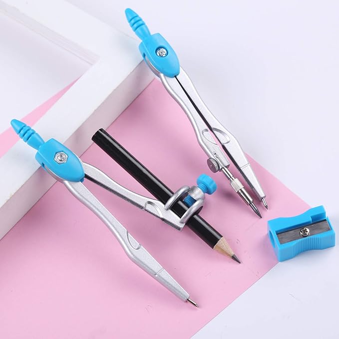 Vobou Math Geometry Kit Sets 10 Piece Student Supplies with Shatterproof Storage Box,Includes Rulers,Protractor,Compass,Eraser,Pencil Sharpener,Lead Refills,Pencil,for Drafting and Drawings（Blue）