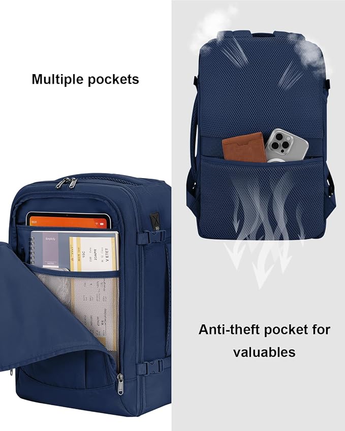 ECOHUB 17'' Travel Backpack, Personal Item Backpack with 13 Pockets, Flight Approved Carry on Backpack with USB Port & Luggage Sleeve, Travel bag for Men & Women, Water Resistant Backpack, Blue | 16.7"x10"x8" Small Backpack with 13 Pockets Water Resist...