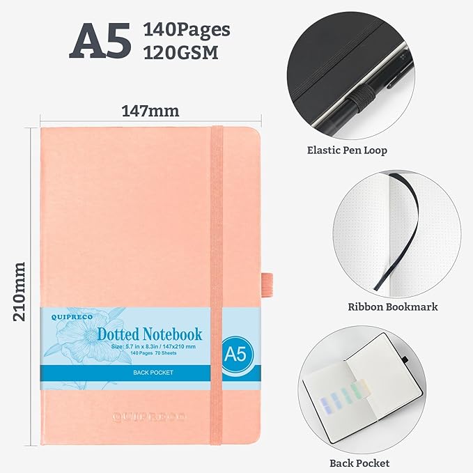 Bullet Dotted Journal Hardcover Notebook, A5 140 Pages 120Gsm Thick Paper for School,Note Taking,Work,Diary，5.7''*8.3'',Blush