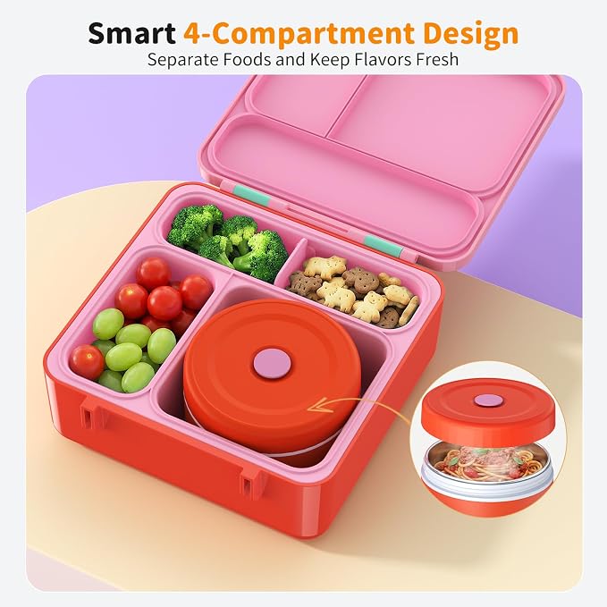 Bento Box for Kids, Lunch Box with Sticker for School | DIY Sticker Fun, Quick Lunch Packing, 4-Compartment Design, Insulated Food Jar, BPA-Free, Leak-Proof
