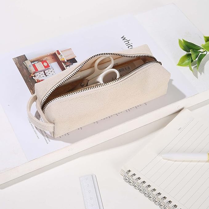Pencil Case Soft Cotton Canvas Pencil Pouch Bag for Easy Carry Stylish and Durable for Pens and Pencils (Beige)