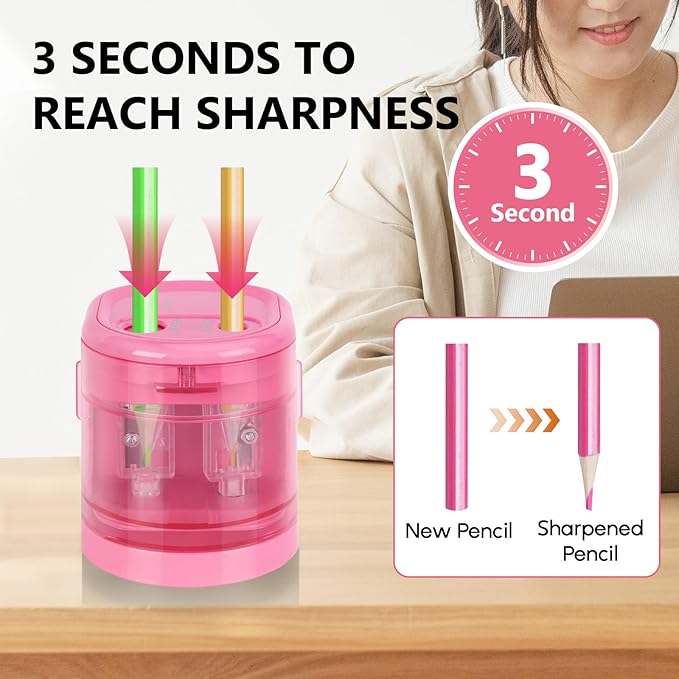 Eagle Electric Pencil Sharpener, Battery or USB Operated, Dual Holes, Dual Blades, fit for Pencils of Size 6-8mm and 9-12mm (Pink)