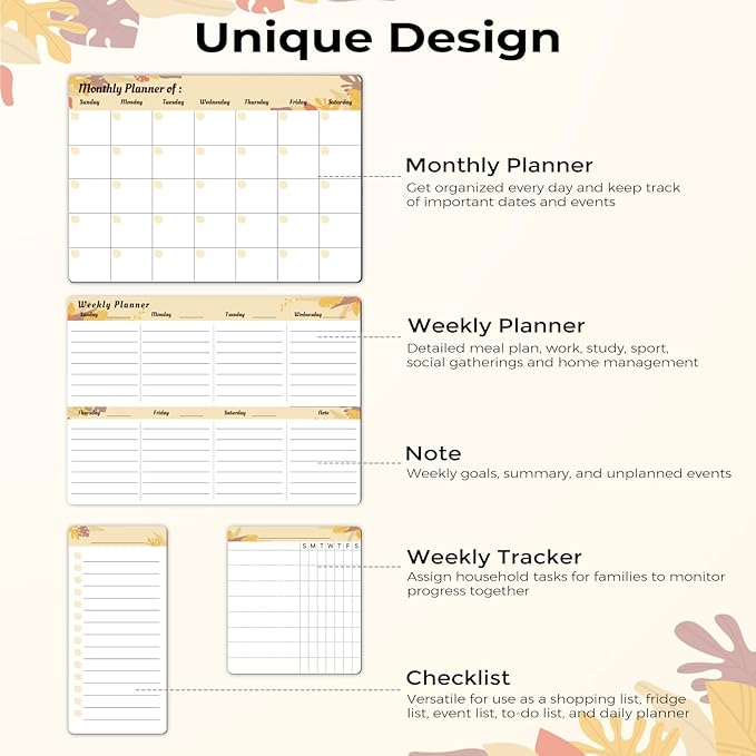 MARSROCK Refrigerator Calendar Magnetic, 16.3x11.7” (4-Pack) – Weekly & Monthly Planner, Chore Chart, Grocery/to-Do List for Fridge, Includes 8 Markers, 6 Magnets & 1 Eraser for Kitchen, Yellow