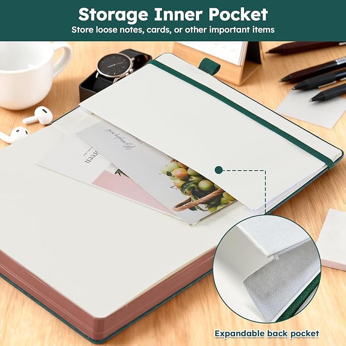 FOCUS DAY A5 Journal Notebook for Women Men, 320 Pages Lined Journaling Notebook with 100GSM Thick Paper, Hardcover Leather Note book for Work Writing Note Taking Diary, School, 5.7'' X 8.4'', Green
