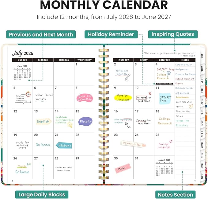 Planner 2026-2027, Hardcover Monthly and Weekly Academic Planner July 2026 - June 2027, Teacher and Student Calendar Agenda Book with Tabs, A5 (6.3" x 8.5"), Ideal for School and Office, Cat Beach