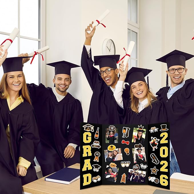 118 Pcs 2026 Graduation Trifold Poster Board 24" x 16" Graduation Picture Frame with Stickers Black Gold Photo Display Board for Class of 2026 Grad Party High School College DIY Craft Table Decor