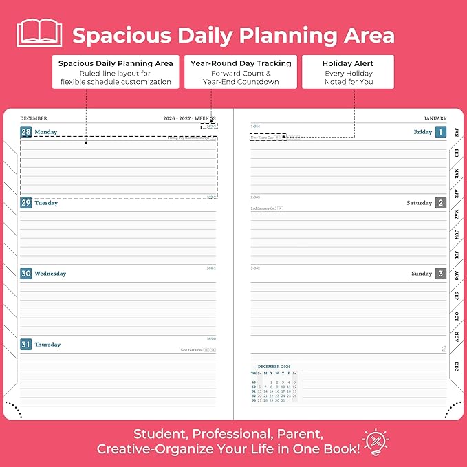 Planner 2026-2027 Daily Weekly and Monthly,8.5"x6.5",18 Months Spiral Bound Calendar Agenda with Self-adhesive Pen Holder,2026 Academic Plan with Vegan Leather Soft Cover,Rose Red