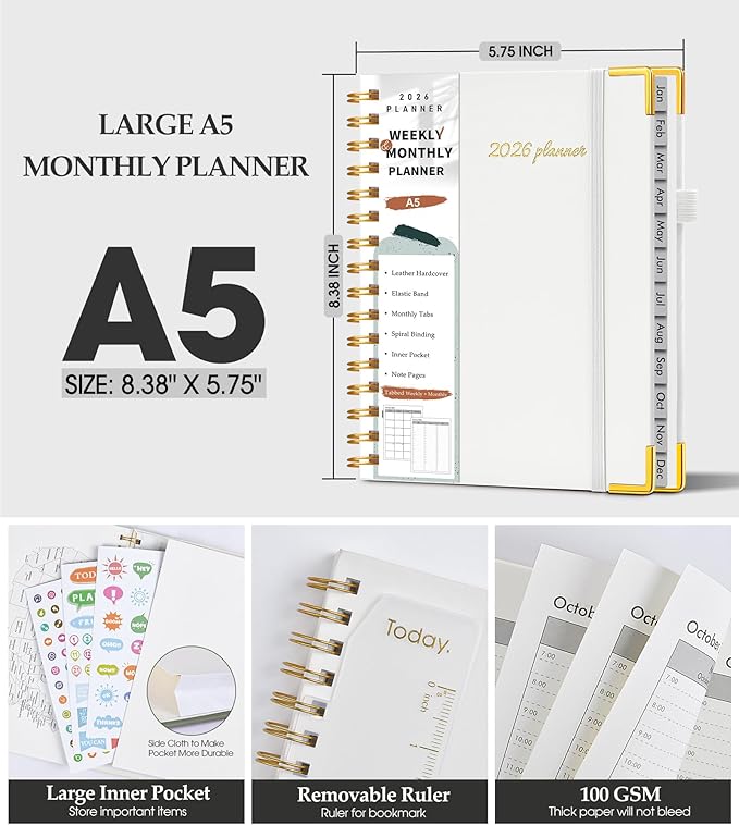 2026 Planner, Weekly and Monthly Calendar Planner from January 2026 - December 2026, 5.75" x 8.38" Hardcover Leather Hourly Appointment Book with Tabs, A5 Spiral Daily Planners for College School Work Home, White