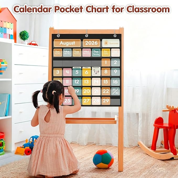 45 Pockets Classroom Calendar for Kids Learning, Pocket Chart Calendar Decor with Special Educational Cards, Teacher and Classroom Must Have Supplies, Boho
