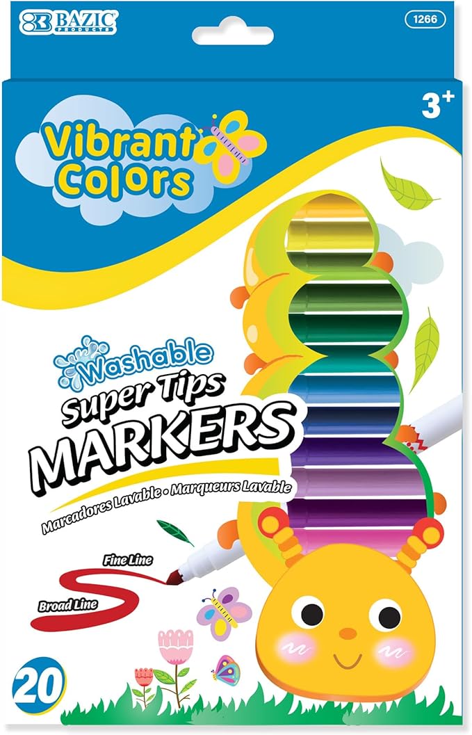 Washable Markers Super Tip 20 Color, Fine Line Coloring Marker Non Toxic, for Art School Supplies, Drawing Gift for Kids (20/Pack), 1-Pack
