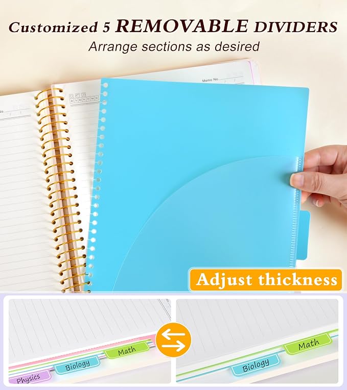 5 Subject Notebook College Ruled 240 Pages, A5(5.8"x8.3") Hardcover Spiral Notebook with Removable Dividers Tabs, Lined Spiral Journal Notebook for Women, Notebooks for Work School，ButterflyBouquet