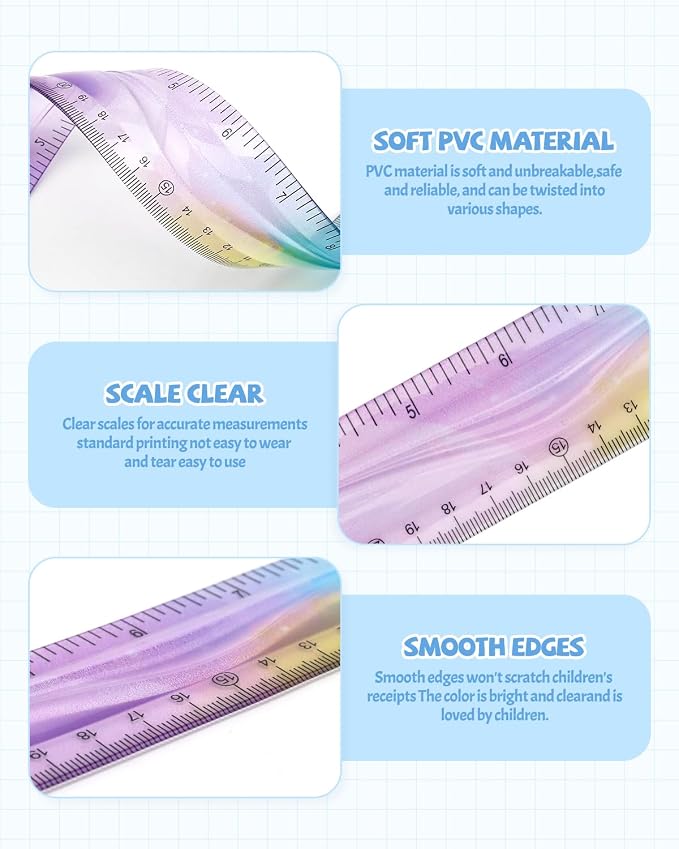 12 Inch & 6 Inch Flexible Ruler, Bendable Plastic Ruler, Soft Bendable Gradient Color Rulers with Centimeters and Inches for Student School Classroom Office Supplies (4 PCS)