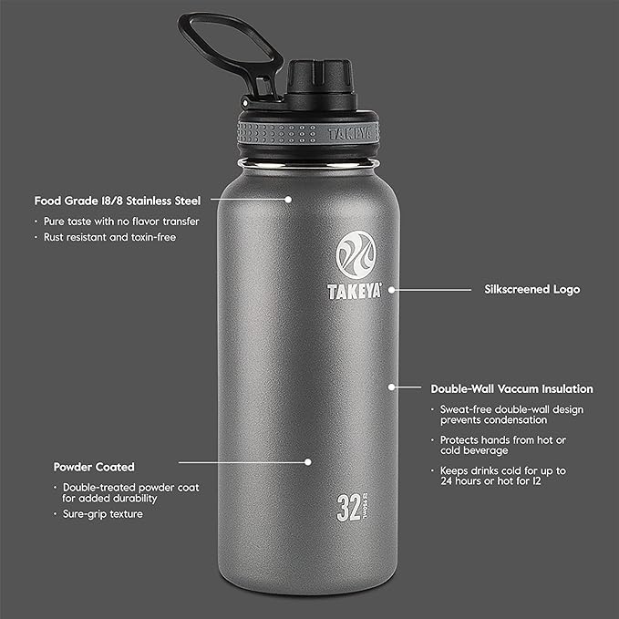 Takeya Originals 18 oz Vacuum Insulated Stainless Steel Water Bottle - Leakproof & BPA-Free Spout Lid - Keeps Drinks Cold 24 Hrs/Hot 12 Hrs - Double-Wall Design - Ideal for Active Lifestyles, Graphite