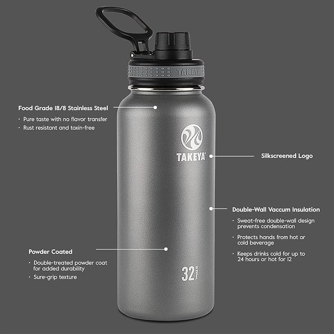 Takeya Originals 24 oz Vacuum Insulated Stainless Steel Water Bottle - Leakproof & BPA-Free Spout Lid - Keeps Drinks Cold 24 Hrs/Hot 12 Hrs - Double-Wall Design - Ideal for Active Lifestyles, Graphite