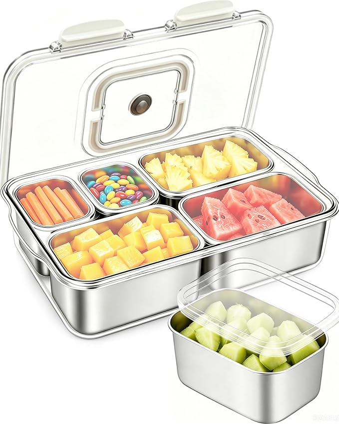 Snackle Box Container, 5-Compartment Stainless Steel Snack Box, Dishwasher Safety Snack Tray with Lid and Handle, Large Divided Serving Tray for Travel, Picnic, Beach, Pool and Parties