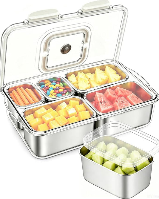 Snackle Box Container, 5-Compartment Stainless Steel Snack Box, Dishwasher Safety Snack Tray with Lid and Handle, Large Divided Serving Tray for Travel, Picnic, Beach, Pool and Parties