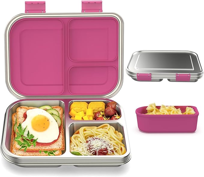 BABHAMNESS Stainless Steel Bento Box Kids, 3 Compartments Leak Proof Metal Bento Lunch Box, 304 Stainless Steel Bento Lunch Containers for School and Office,Dishwasher Safe, BPA-Free-Pink