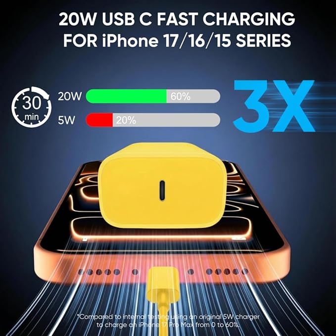iPhone 17 16 15 Charger Fast Charging 6FT+10FT Cable, 20W USB C Charger, USBC Wall Charger for i Phone 17 Air 16 16e/16 Pro/16 Pro Max/15/15 Plus/15 Pro/15 Pro Max,i Phone iPad Pro/Mini (Yellow)