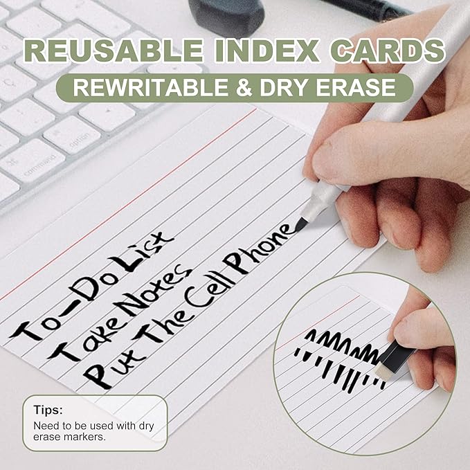 Dry Erase Index Cards 3x5 Ruled & Blank, 24 Sheets Reusable Graph Flash Cards Blank with Box, Waterproof Note Cards for Studying, Small White Board Dry Erase Board, Teacher & School Supplies