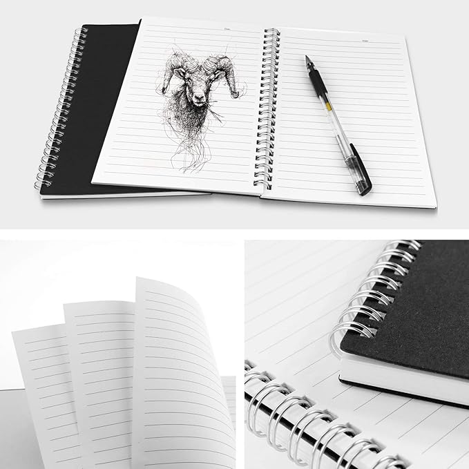 ZZTX Sprial Notebook Kraft Soft Cover College Ruled Notebooks, Wirebound Memo Diary Notebook Planner, 140 Pages/ 70 Sheets, 8 x 6 inch, 1 Pack (Black)