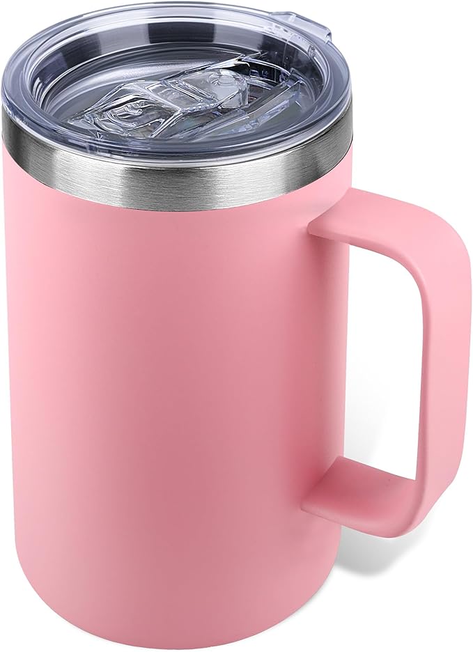 22oz Insulated Coffee Mug with Handle & Leak-Proof Lid - Double Wall Stainless Steel Travel Tumbler for Commute/Office/Home, Pink, 1 Pack